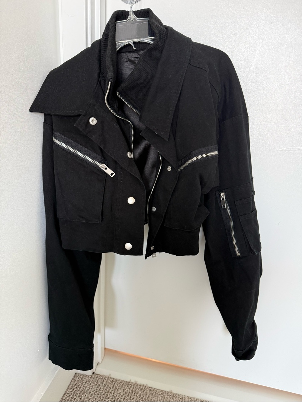 I.AM.GIA Black Cropped Bomber Jacket with Silver Hardware